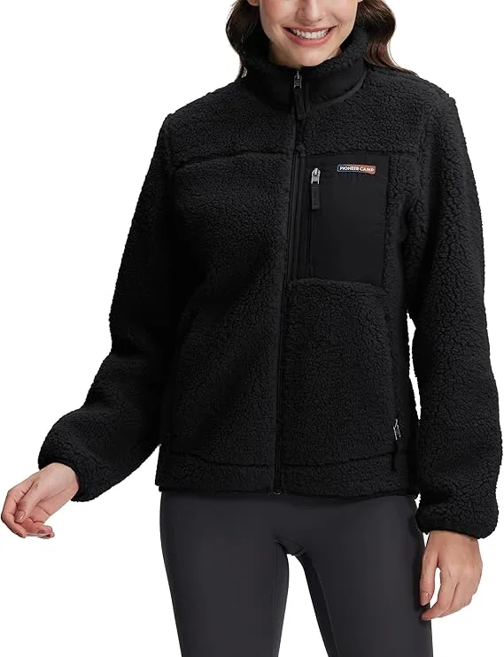 Pioneer Camp Women's Fuzzy Fleece Jacket, Warm Fleece Full Zip Jacket Cozy Stand Collar Coat with Pockets Casual Workout